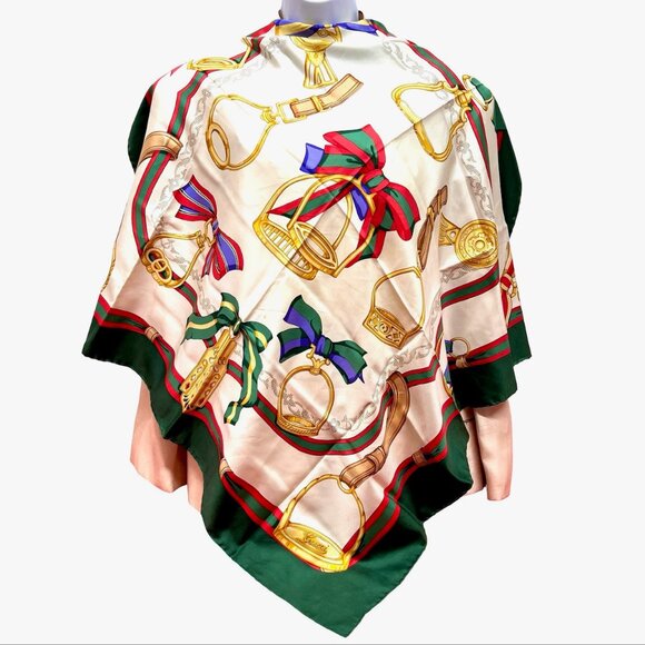 Vintage Gucci 100% Silk Satin Scarf 34" Ivery Green Red Bow Italy Made (45) - Picture 14 of 15